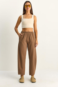 Kadın Beli Lastikli Cep Detaylı Havuç Kesim Keten Pantolon 7750 60286110 - Cappuccino PANTOLON modelleri