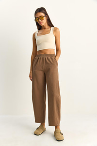 Kadın Beli Lastikli Cep Detaylı Havuç Kesim Keten Pantolon 7750 60286110 - Cappuccino PANTOLON modelleri
