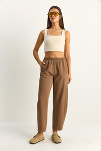 Kadın Beli Lastikli Cep Detaylı Havuç Kesim Keten Pantolon 7750 60286110 - Cappuccino PANTOLON modelleri
