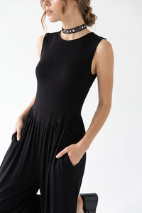 Kadın Beli Lastikli Cep Detaylı Rahat Sıfır Kol Şalvar Tulum 4144 60286427 - Siyah TULUM modelleri