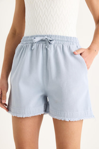 Kadın Beli Lastikli Cep Detaylı Yüksek Bel Paçası Püsküllü Kısa Keten Şort YP5322 60283389 - Bebe Mavisi