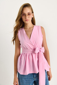 Kadın Beli Lastikli Kruvaze Yaka Kuşaklı Poplin Bluz 8048 60283486 - Toz Pembe