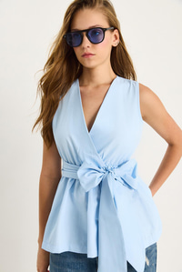 Kadın Beli Lastikli Kruvaze Yaka Kuşaklı Poplin Bluz 8048 60283486 - Bebe Mavisi
