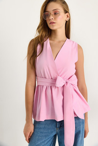 Kadın Beli Lastikli Kruvaze Yaka Kuşaklı Poplin Bluz 8048 60283486 - Toz Pembe