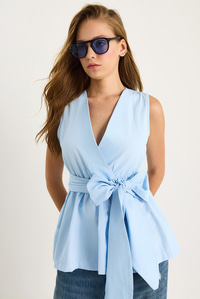 Kadın Beli Lastikli Kruvaze Yaka Kuşaklı Poplin Bluz 8048 60283486 - Bebe Mavisi