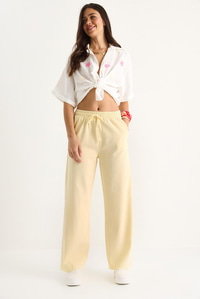 Kadın Beli Lastikli Paça Detaylı Palazzo Kalıp Pamuk Gabardin Yazlık Pantolon 60283323 - Limon Sarısı