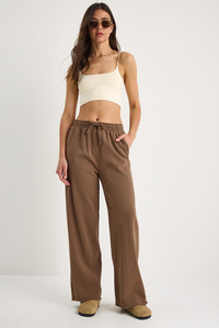 Kadın Beli Lastikli Paça Detaylı Palazzo Kalıp Pamuk Gabardin Yazlık Pantolon 60283323 - Kahve