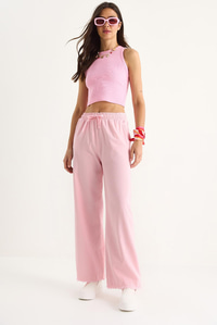 Kadın Beli Lastikli Paça Detaylı Palazzo Kalıp Pamuk Gabardin Yazlık Pantolon 60283323 - Toz Pembe