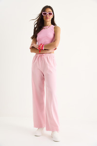 Kadın Beli Lastikli Paça Detaylı Palazzo Kalıp Pamuk Gabardin Yazlık Pantolon 60283323 - Toz Pembe
