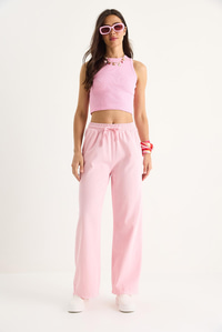 Kadın Beli Lastikli Paça Detaylı Palazzo Kalıp Pamuk Gabardin Yazlık Pantolon 60283323 - Toz Pembe