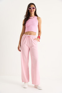Kadın Beli Lastikli Paça Detaylı Palazzo Kalıp Pamuk Gabardin Yazlık Pantolon 60283323 - Toz Pembe