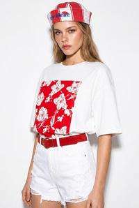 Kadın Bisiklet Yaka Çiçek Baskılı Oversize %100 Pamuklu T-Shirt ÖT100001 60286273 - Beyaz-Kırmızı T-SHİRT modelleri