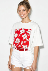 Kadın Bisiklet Yaka Çiçek Baskılı Oversize %100 Pamuklu T-Shirt ÖT100001 60286273 - Beyaz-Kırmızı T-SHİRT modelleri