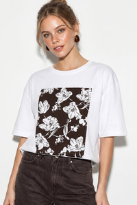 Kadın Bisiklet Yaka Çiçek Baskılı Oversize %100 Pamuklu T-Shirt ÖT100001 60286273 - Beyaz-Kahve T-SHİRT modelleri