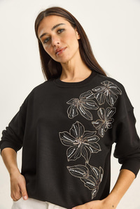 Kadın Bisiklet Yaka Çiçek Boncuk İşlemeli Relaxed Sweatshirt 1572 60283809 - Siyah SWEATSHİRT modelleri