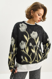 Kadın Bisiklet Yaka Çiçek Desenli Şardonlu Oversize Triko Kazak 4915 60283587 - Siyah KAZAK modelleri