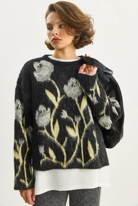 Kadın Bisiklet Yaka Çiçek Desenli Şardonlu Oversize Triko Kazak 4915 60283587 - Siyah KAZAK modelleri