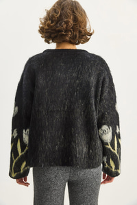 Kadın Bisiklet Yaka Çiçek Desenli Şardonlu Oversize Triko Kazak 4915 60283587 - Siyah KAZAK modelleri