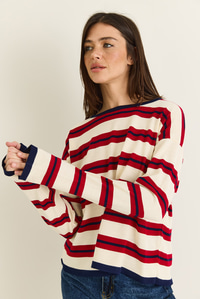 Kadın Bisiklet Yaka Çizgili Oversize İnce Triko Bluz 0543 60286536 - Bej-Kırmızı BLUZ modelleri