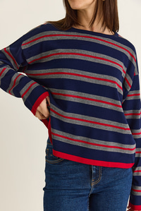 Kadın Bisiklet Yaka Çizgili Oversize İnce Triko Bluz 0543 60286536 - Lacivert-Kırmızı BLUZ modelleri