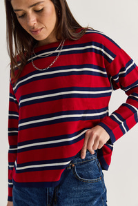Kadın Bisiklet Yaka Çizgili Oversize İnce Triko Bluz 0543 60286536 - Kırmızı-Lacivert BLUZ modelleri