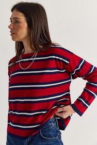 Kadın Bisiklet Yaka Çizgili Oversize İnce Triko Bluz 0543 60286536 - Kırmızı-Lacivert BLUZ modelleri