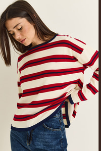 Kadın Bisiklet Yaka Çizgili Oversize İnce Triko Bluz 0543 60286536 - Bej-Kırmızı BLUZ modelleri