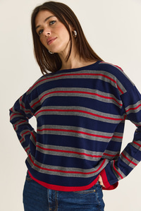 Kadın Bisiklet Yaka Çizgili Oversize İnce Triko Bluz 0543 60286536 - Lacivert-Kırmızı BLUZ modelleri