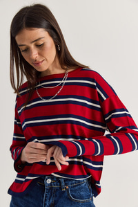 Kadın Bisiklet Yaka Çizgili Oversize İnce Triko Bluz 0543 60286536 - Kırmızı-Lacivert BLUZ modelleri
