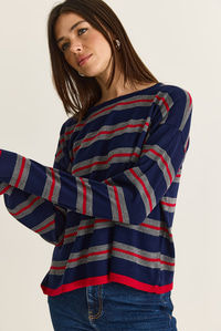 Kadın Bisiklet Yaka Çizgili Oversize İnce Triko Bluz 0543 60286536 - Lacivert-Kırmızı BLUZ modelleri