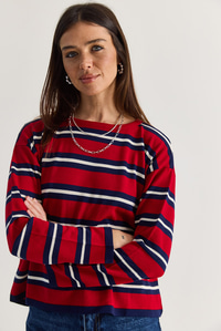 Kadın Bisiklet Yaka Çizgili Oversize İnce Triko Bluz 0543 60286536 - Kırmızı-Lacivert BLUZ modelleri