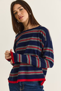 Kadın Bisiklet Yaka Çizgili Oversize İnce Triko Bluz 0543 60286536 - Lacivert-Kırmızı BLUZ modelleri