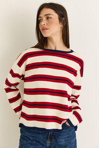 Kadın Bisiklet Yaka Çizgili Oversize İnce Triko Bluz 0543 60286536 - Bej-Kırmızı BLUZ modelleri