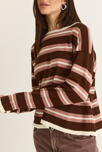 Kadın Bisiklet Yaka Çizgili Oversize İnce Triko Bluz 0543 60286536 - Kahverengi-Krem BLUZ modelleri