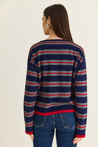 Kadın Bisiklet Yaka Çizgili Oversize İnce Triko Bluz 0543 60286536 - Lacivert-Kırmızı BLUZ modelleri