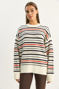 Kadın Bisiklet Yaka Çizgili Oversize Triko Kazak 2524 60283680 - Krem KAZAK modelleri