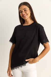 Kadın Bisiklet Yaka Dantel Detaylı Asimetrik Kesim Oversize T-Shirt 2224 60286124 - Siyah T-SHİRT modelleri