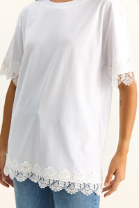 Kadın Bisiklet Yaka Dantel Detaylı Oversize T-Shirt 2134 60286120 - Beyaz T-SHİRT modelleri