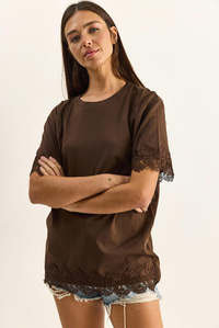 Kadın Bisiklet Yaka Dantel Detaylı Oversize T-Shirt 2134 60286120 - Kahverengi T-SHİRT modelleri