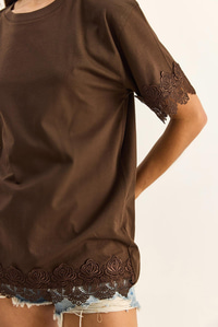 Kadın Bisiklet Yaka Dantel Detaylı Oversize T-Shirt 2134 60286120 - Kahverengi T-SHİRT modelleri