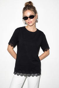 Kadın Bisiklet Yaka Dantel Detaylı Oversize T-Shirt 2134 60286120 - Siyah T-SHİRT modelleri