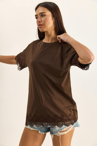 Kadın Bisiklet Yaka Dantel Detaylı Oversize T-Shirt 2134 60286120 - Kahverengi T-SHİRT modelleri