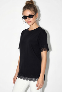 Kadın Bisiklet Yaka Dantel Detaylı Oversize T-Shirt 2134 60286120 - Siyah T-SHİRT modelleri
