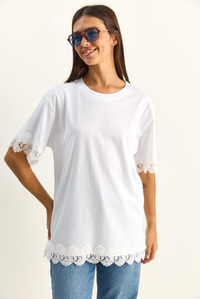 Kadın Bisiklet Yaka Dantel Detaylı Oversize T-Shirt 2134 60286120 - Beyaz T-SHİRT modelleri