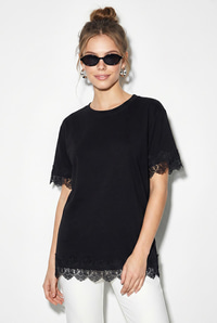 Kadın Bisiklet Yaka Dantel Detaylı Oversize T-Shirt 2134 60286120 - Siyah T-SHİRT modelleri