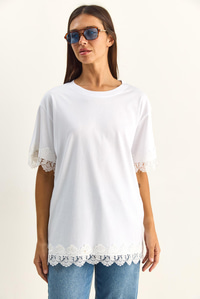 Kadın Bisiklet Yaka Dantel Detaylı Oversize T-Shirt 2134 60286120 - Beyaz T-SHİRT modelleri