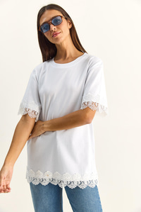 Kadın Bisiklet Yaka Dantel Detaylı Oversize T-Shirt 2134 60286120 - Beyaz T-SHİRT modelleri