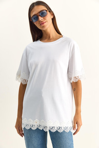 Kadın Bisiklet Yaka Dantel Detaylı Oversize T-Shirt 2134 60286120 - Beyaz T-SHİRT modelleri