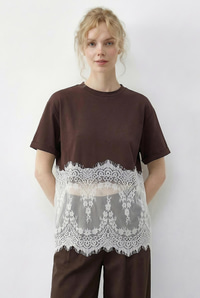 Kadın Bisiklet Yaka Dantel Detaylı Rahat Kalıp T-Shirt 1074 60286064 - Kahverengi-Beyaz T-SHİRT modelleri