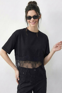 Kadın Bisiklet Yaka Dantel Detaylı Rahat Kalıp T-Shirt 1074 60286064 - Siyah T-SHİRT modelleri